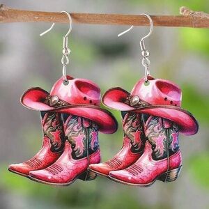 Cowgirl Chic: Pink Cowboy Hat & Country Western Boots Dangle Earrings from Texas